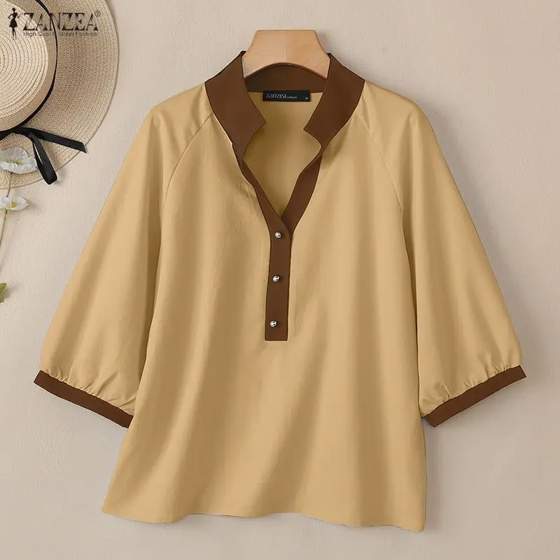 ZANZEA Women Casual Blouses Fashion 3/4 Sleeve Color Patchwork Shirts 2025 Autumn V-Neck Buttons Stylish Tops Female Blusas