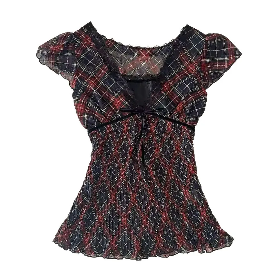 Women's Blouse Casual Slim Fit Round Neck Short Sleeve Pullover Printed Striped Blusas Para Mujer Regular Length with Bow