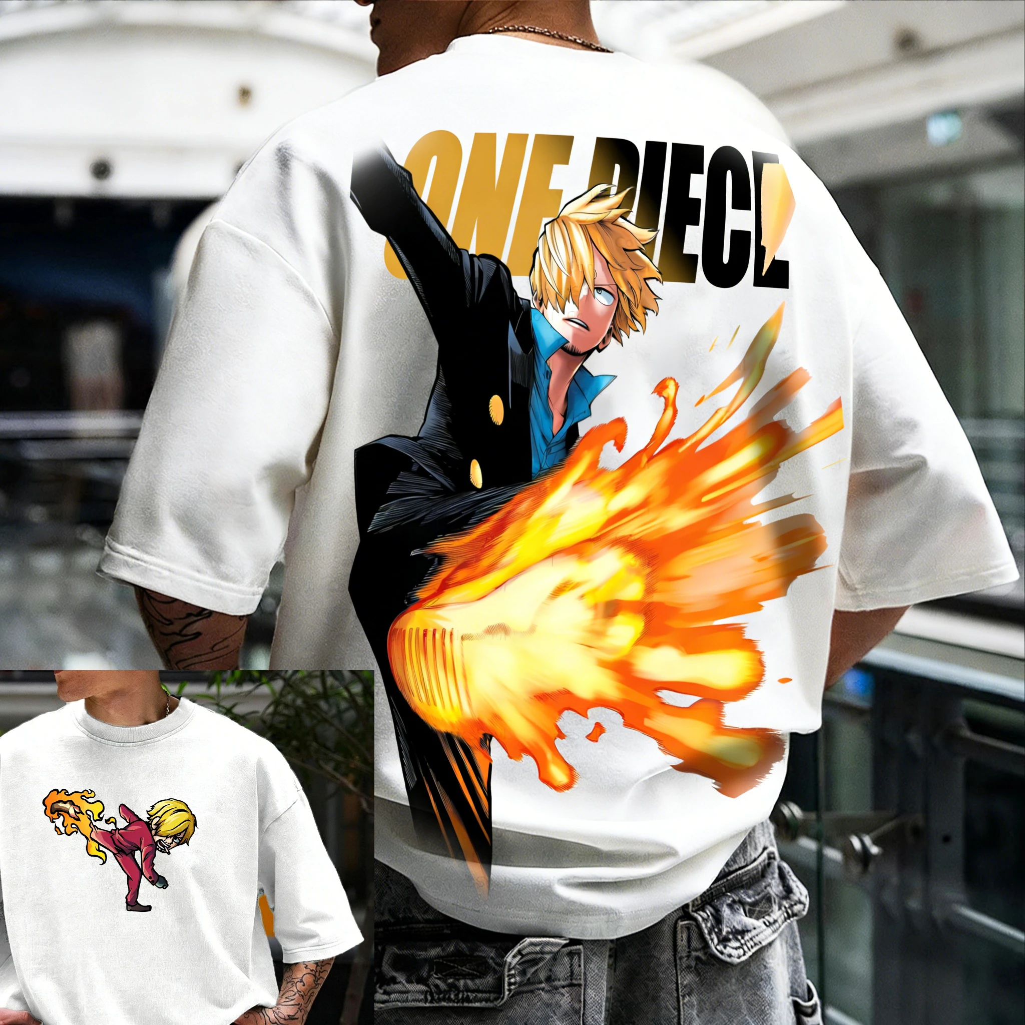 

2026 New Men's One Piece Sanji Kick Flame Graphic T - Shirt, Casual Streetwear Sport Festival Anime T - Shirt for Fans