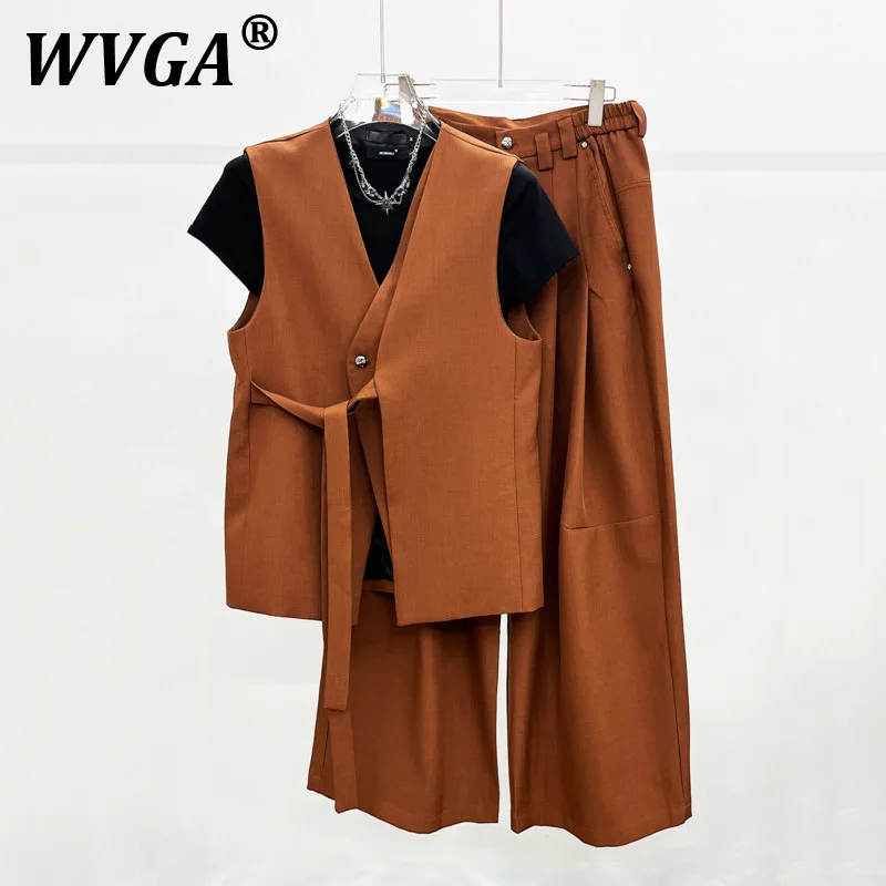 

WVGA Spring Autumn New Men Patchwork Lace-Up Fashion Retro Suit Vest Niche Loose Chic Casual Straight Pants Two-Piece Sets W8514
