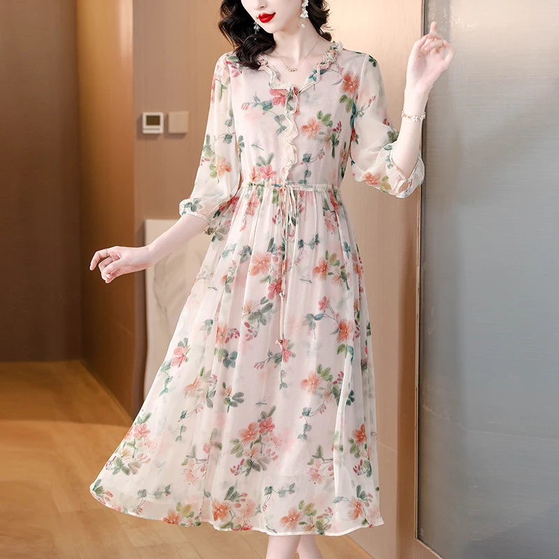 Spring Floral Temperament Silk Dress For Women's Casual Oversized Loose Waist Over Knee Skirt Elegant Party Beach Skirt Vestidos