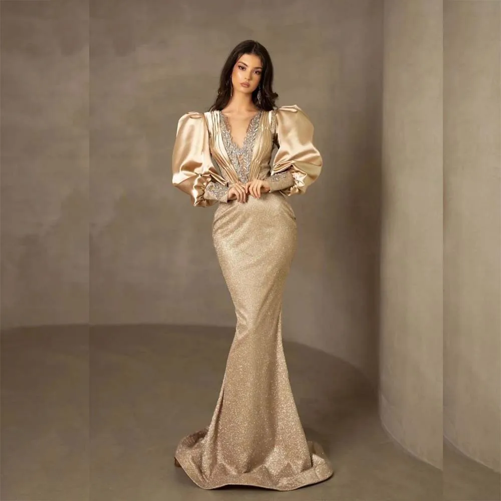 Robe de Soirée Champagne Élégante à Volants et Col en V, Tenue de Bal Formelle à Manches sulfavec Traîne et Appliques de Luxe, 2025