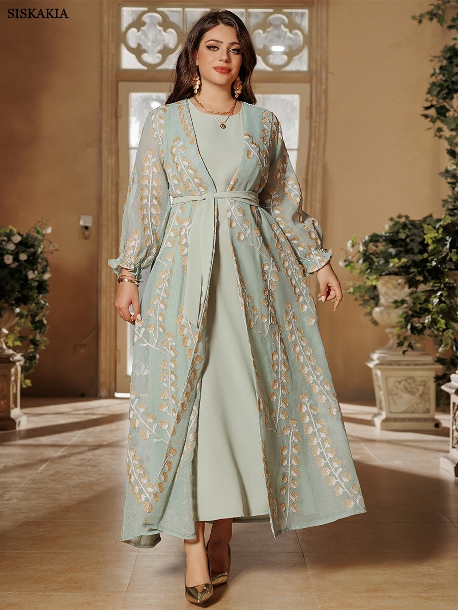 Siskakia Abaya Long Dress Set with Belt Embroidery Kebaya Muslim Women Dresses Elegant Casual Modest African Turkey Clothing