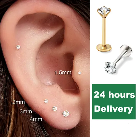2/8PCS 스테인레스 스틸 귀걸이 코 스터드 연골 피어싱 쥬얼리 헬릭스 Tragus 립 플랫 백 여성을위한 작은 귀걸이 18G