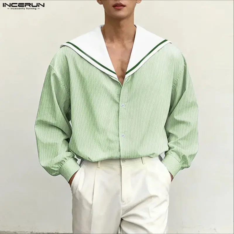 2026 Men Shirt Striped Patchwork Navy Collar Long Sleeve Loose Men Clothing Streetwear Korean Style Casual Male Shirts INCERUN