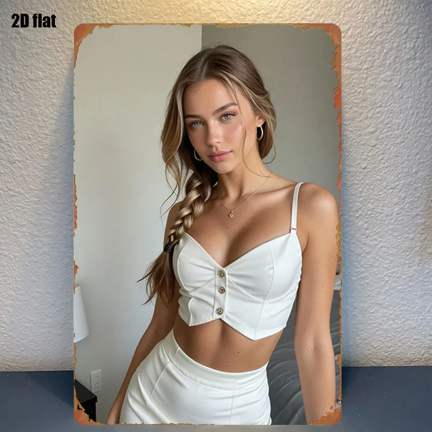 High Definition Metal Tin Sign - Elegant Blonde Woman in White Button Crop Top and Skirt Retro Wall Art for Home Decor, 2D Fl