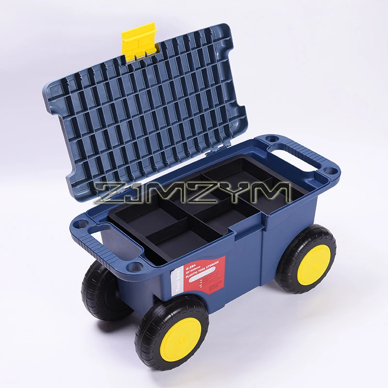 Imagem -02 - Plastic Rolling Garden Seat Storage Box Carrinho com Rodas Carrinho de Jardim Caixa de Armazenamento com Banco e Bandeja Interior de Ferramentas