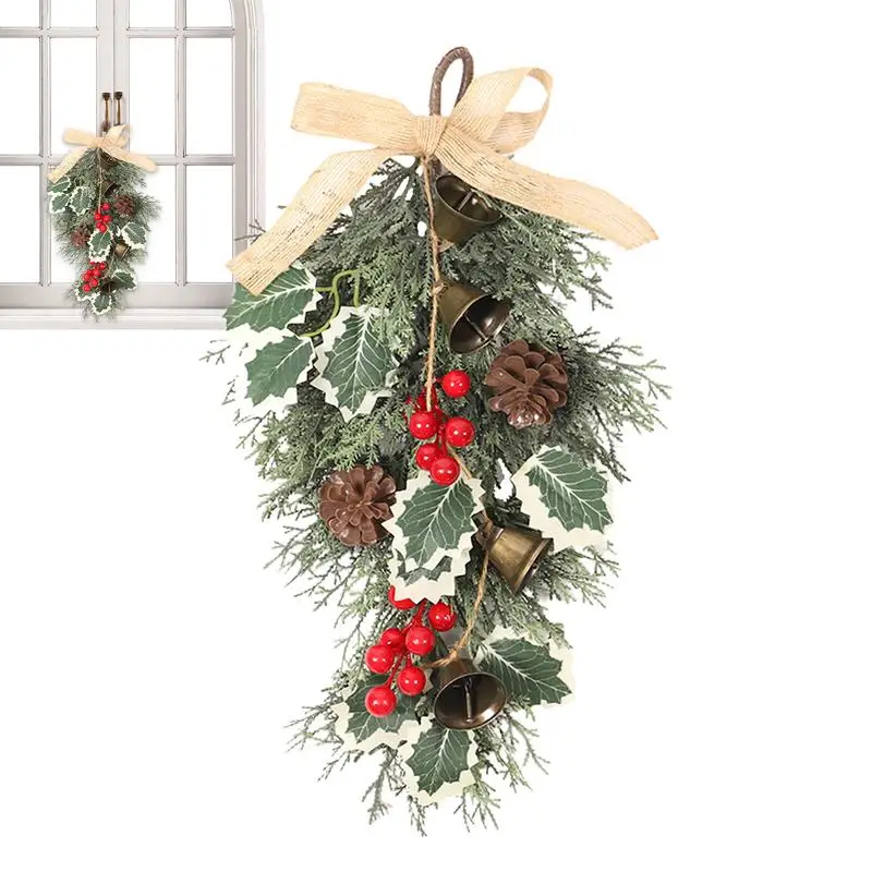 Christmas Wreath For Front Door Red Berry Clusters Wreath Holiday Swag Pinecone Winter Teardrop Wreaths Hanger Decor Burlap