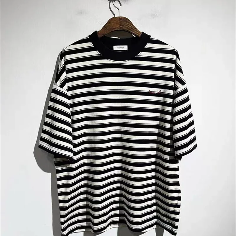 Hip Hop Oversized Black White Striped T-Shirt 2025 Letters Embroidered T Shirt MARTINE ROSE High Quality Cotton Tops Tee Men Wom