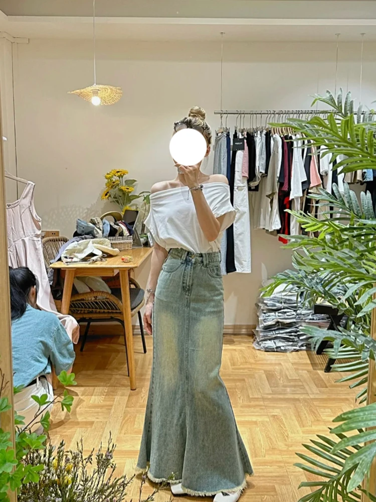 Retro Spódnica Jeansowa z Wysokim Stanem Damska Sensacja Designu Postrzępiony Brzeg Dopasowany Krój Długa Spódnica Jesienna Moda Damska...