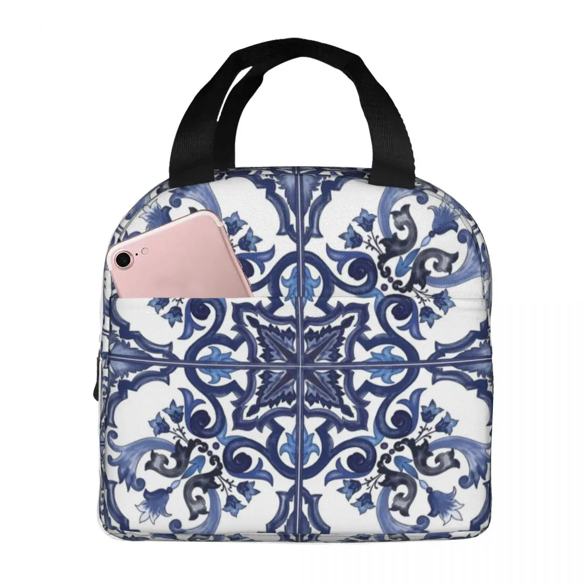 Blue Ornate Floral Mediterranean Sicilian Tile Lunch Bags Insulated Bento Box Waterproof Lunch Tote Picnic Bags Thermal Bag