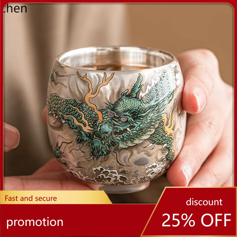 

Cz gilt silver green dragon tea high-end exquisite tea cup for homepersonal chinoiserie tea set master single cup gift box