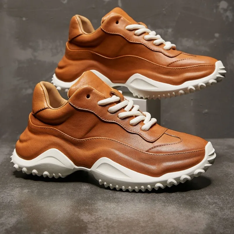 Retro Style Horse Leather Daddy Shoes Men's Spring/Autumn Height Increasing Casual Sports Shoes High-end Thick Soled White Shoes