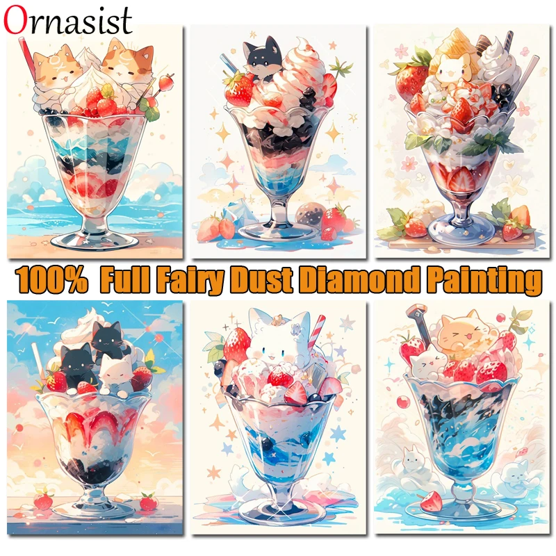 5D Crystal Diamond Painting Cartoon Cat Cake Ice Cream Cup Full Fairy Dust Diamond Mosaic Embroidery Cross Stitch Kit Home Decor