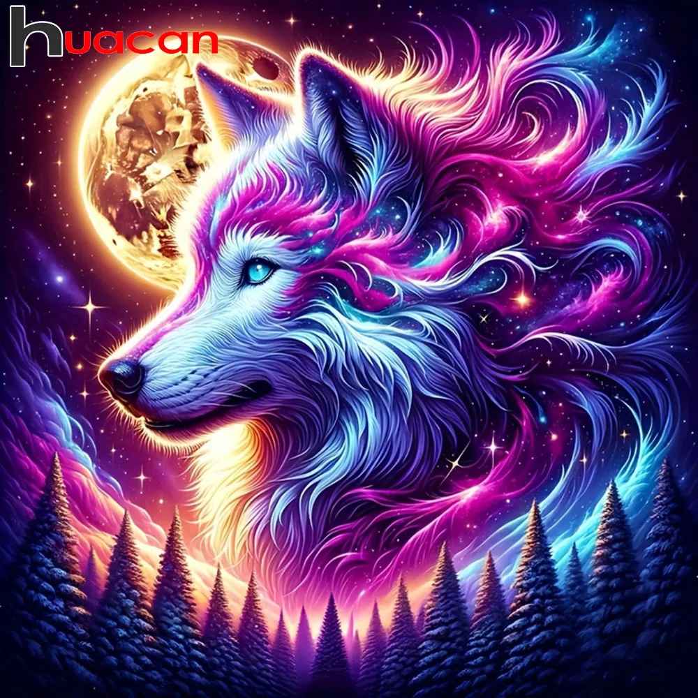 Huacan 5D Diamant-Malerei Wolf am Mond Diamant-Stickerei Tier-Landschafts-Set Strass-Bilder