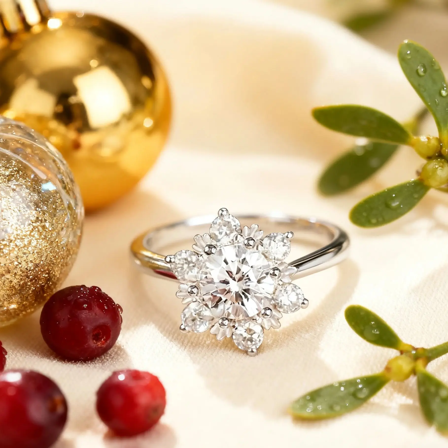 

Christmas Snowflake Ring for Women White Cubic Zirconia Snowflake Gold Plated Band, Xmas Party Gift Holiday Jewelry Anniversary