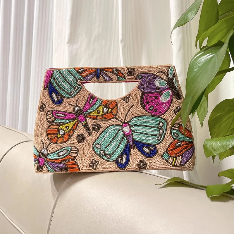 

DOYUTIG Brand Women's Embroidery Beading Evening Party Bag Pink Beaded Butterfly Cluthes Retro Handmade Wedding Hobos Bags N041