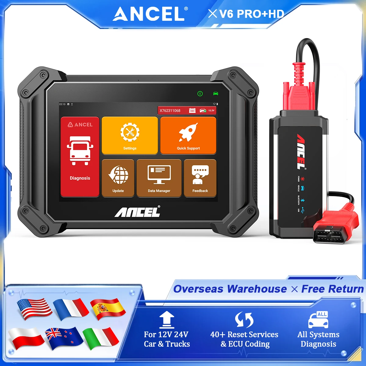 

ANCEL V6 Pro + HD Automotive Scanner Full System OBD2 Car Diagnostic Tool 40 Reset ECU Coding FCA Autoauth For 12V 24V Car Truck