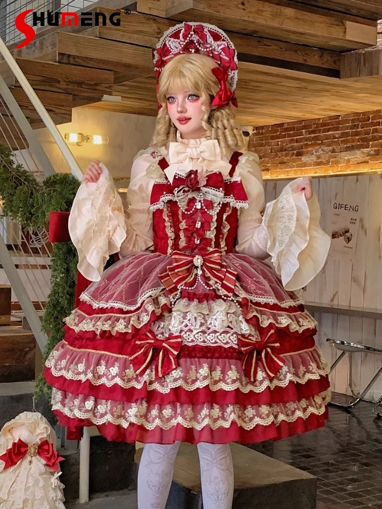 Przemysł ciężki elegancka wspaniała księżniczka sukienka na przyjęcie urodzinowe 3D kokarda kwiat diamentowa koronkowa siatka łączenie Lolita Jsk sukienka damska