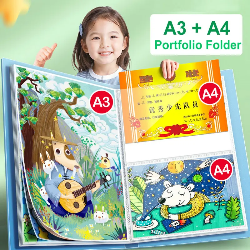 A3 & A4 Art Portfolio Folder, Kids Artwork Storage Book,Clear Pocket Folder for Painting, Certificates Document Holder