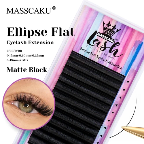 Imagen 1 del producto MASSCAKU 8-18mm y longitud mixta fibra PBT coreana elipse pestañas planas negro mate puntas dobles divididas pestañas en forma herramientas de maquillaje