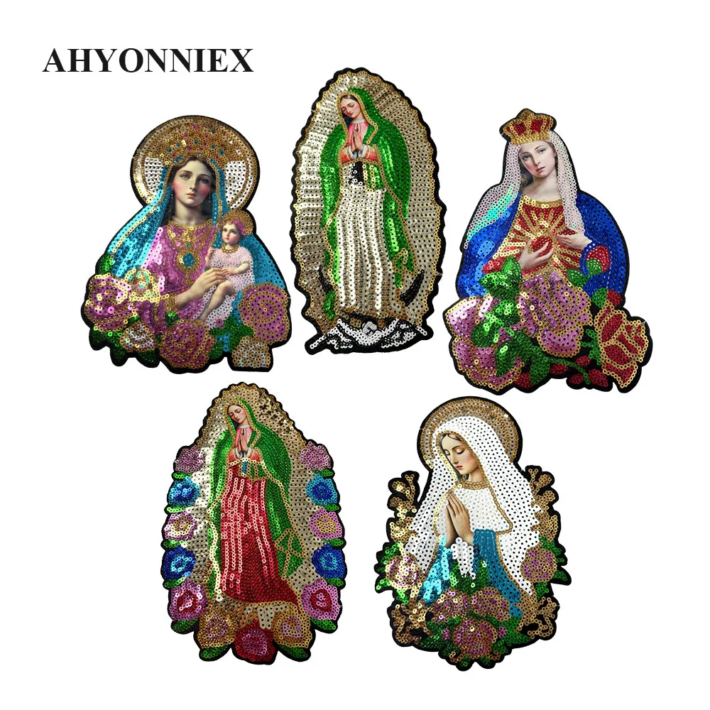Sequins Patch Virgin Mary Christ Jesus DIY Clothing Applique Iron On Patch for Festival Costume Decoration Accessories