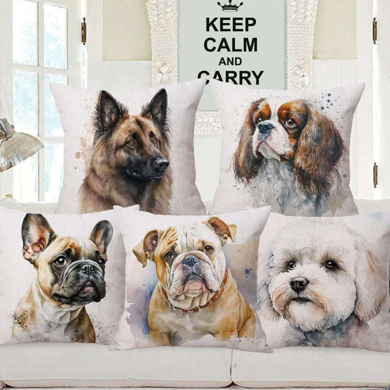 European Bulldog  Great Dane Australian Shepherd Dog Animals Portrait Hand Painting Cushion Cover Pillow Cases