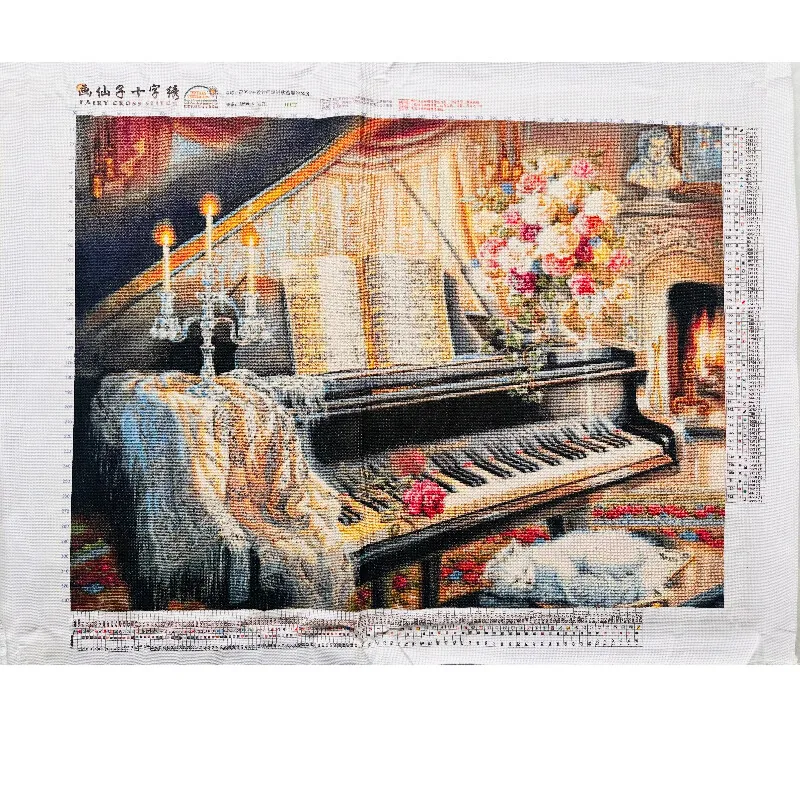 [ZZ0969-Cozy piano room] DIY Printed Cross Stitch Embroidery Kit 14CT 16CT, Cotton Thread Set, Needlework Supplies