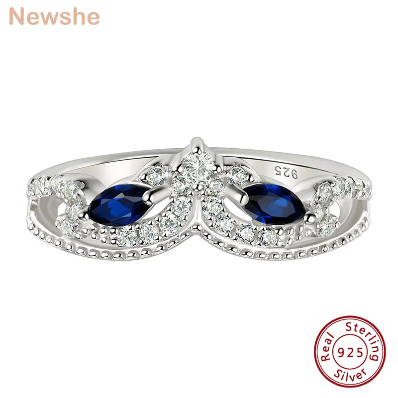 

Newshe 925 Silver Vintage Crown Wedding Rings for Women Marquise Blue Sapphire Cubic Zircon Eternity Band Jewelry