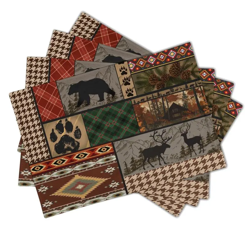 VIKAMA Rustic Wildlife Placemats Bear Elk Paw Print Patchwork Plaid Table Mats Heat‑Resistant Washable Cabin Home Decor