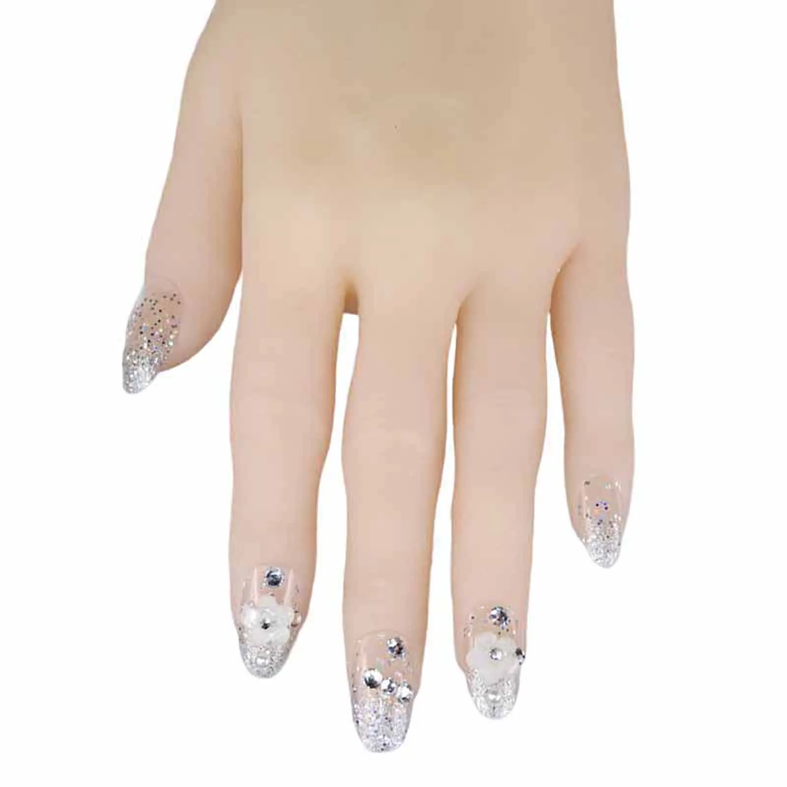 Flower Press-on Nail with Rhinestones Hands Decoration Easy Removal False Nail for Shopping Travel Dress Matching