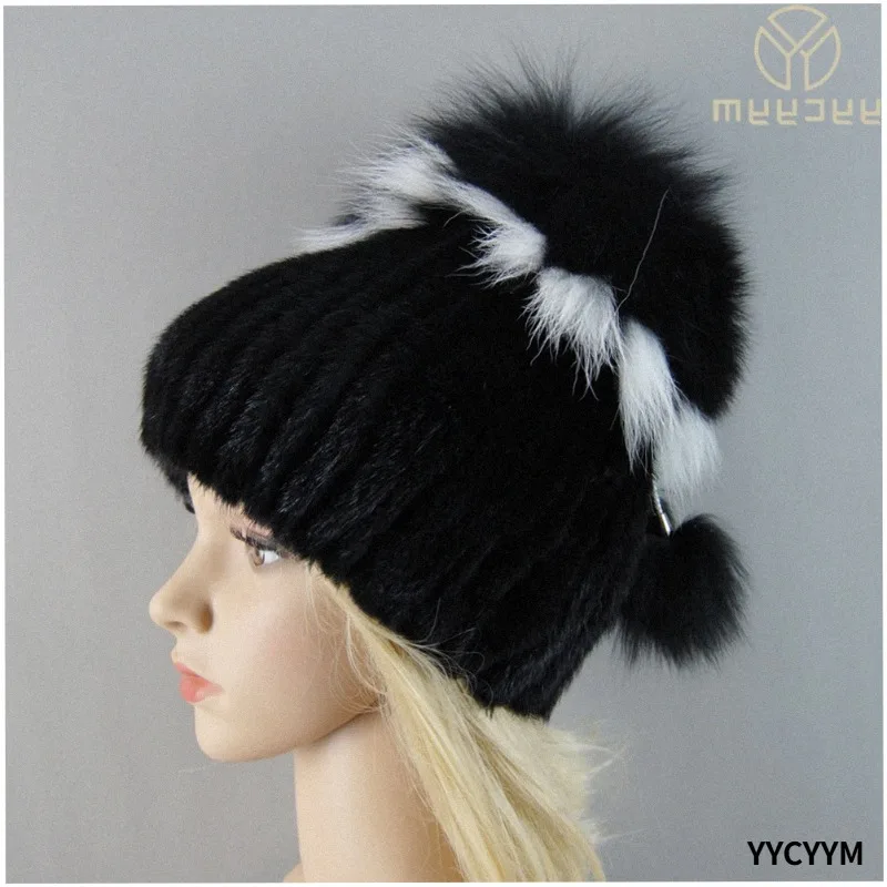 Hand Knitted Women Real Mink Fur Bomber Hat Top Fox Fur Hats Luxury Natural Warm Fur Cap Lady Quality Elastic Real Mink Fur Caps