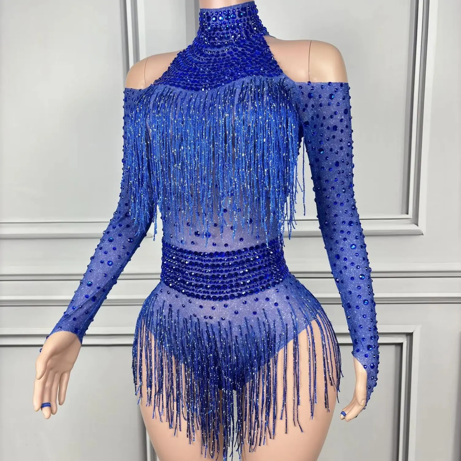 Sparkly Rhinestone Crystals Tassel Spandex Bodysuit for Women Sexy Showgirl Show Leotard Nightclub Dance Stage Wear High-quality