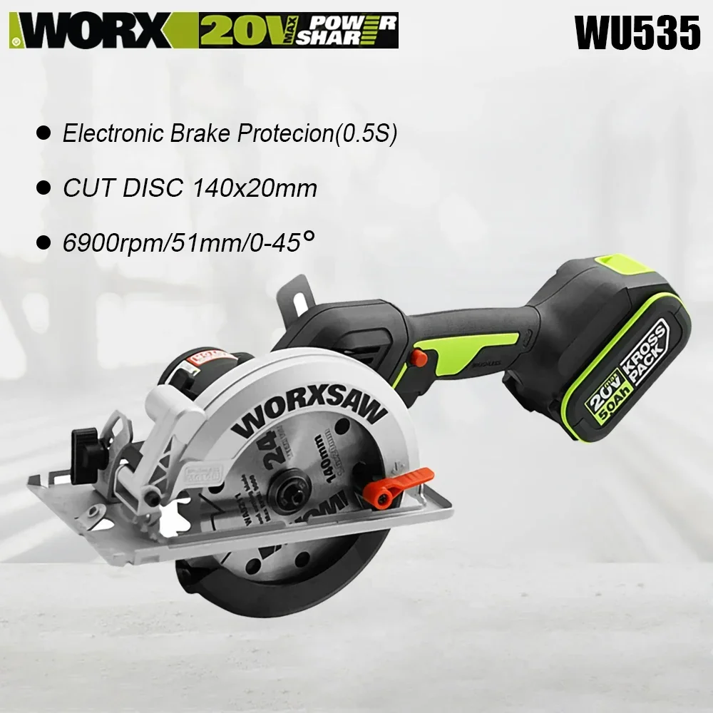 Worx WU535 Wiredless Circular Saw Rechargeable Brushless 6900rpm 140x20mm Depth51/35mm 45/90Degree Universal 20v Green Battery