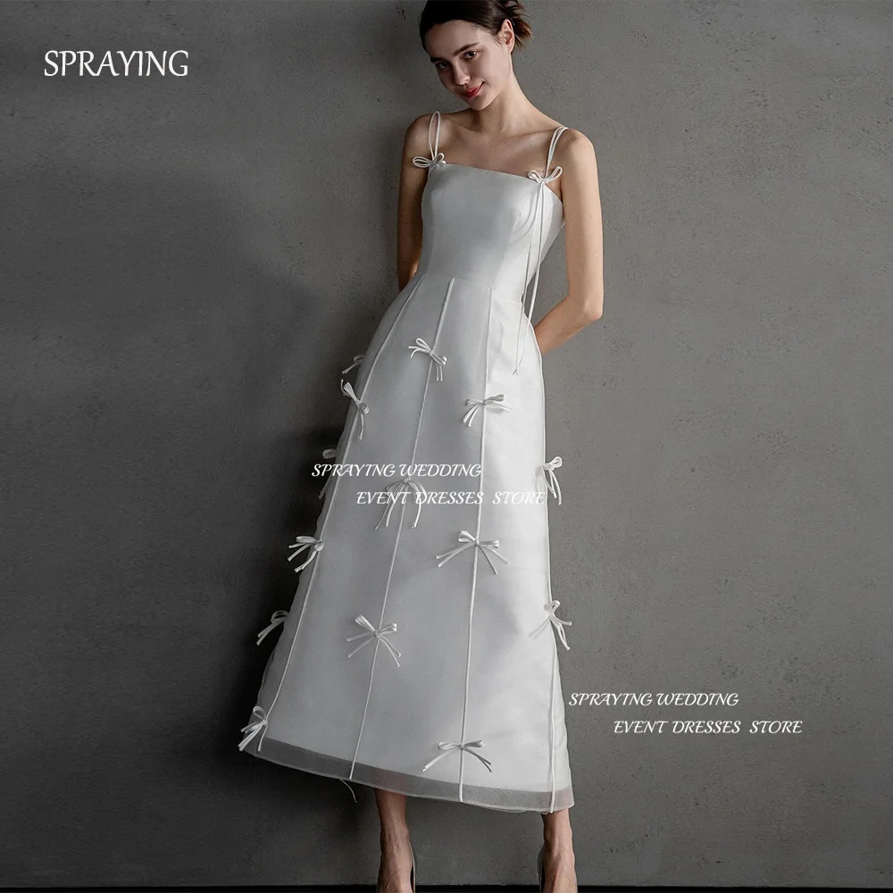 

SPRAYING Spaghetti Strap Korea Wedding Dresses Photo Shoot Bow Bridal Gown A-line Tea-Length Prom Party Dresses Satin 2024