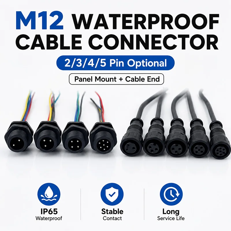 M12 Waterproof Connector 10PCS IP65 Male Female Wired Cable Plug 2 3 4 5 Pin Panel Socket for Outdoor LED Sensor Control Wiring