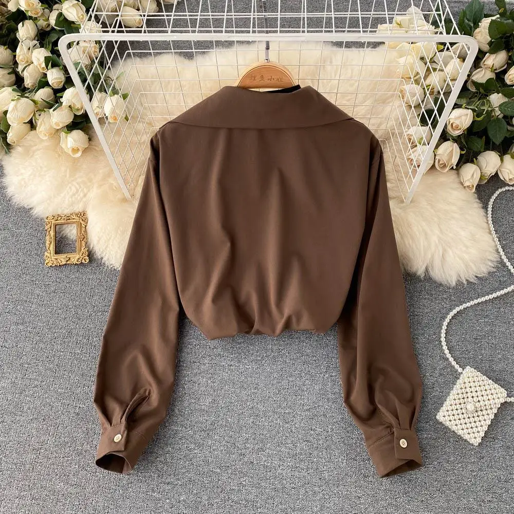 Solid Loose Shirts Women Cropped Chain Designed Chic OL Temper Street Ulzzang Casual Spring Long-sleeve Harajuku Korean Stylish