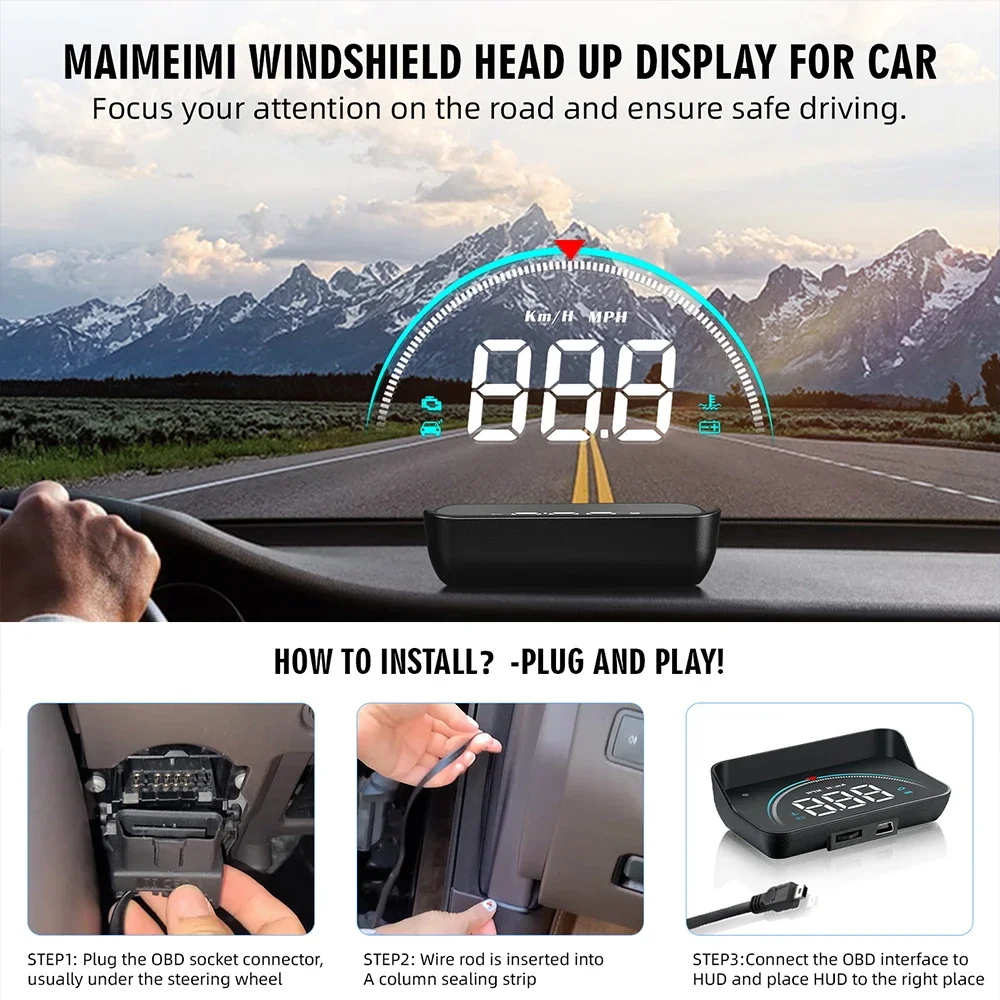 M8 Car HUD Head Up Display OBD2 Overspeed Warning Auto Electronic Water Temperature LED Digital Projector Windshield