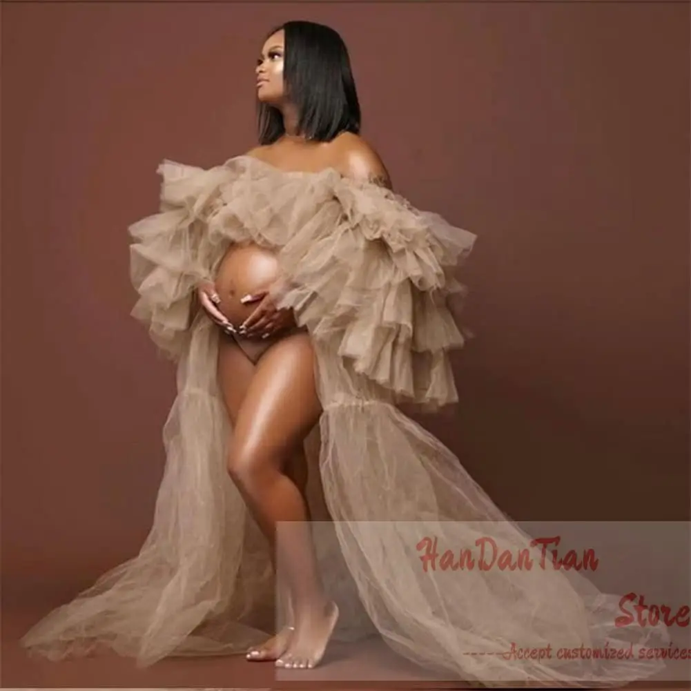 Long Tulle Robe Ruffles Maternity Photoshoot Dressing Off Shoulder Lingerie Baby Shower Pregnancy Gown