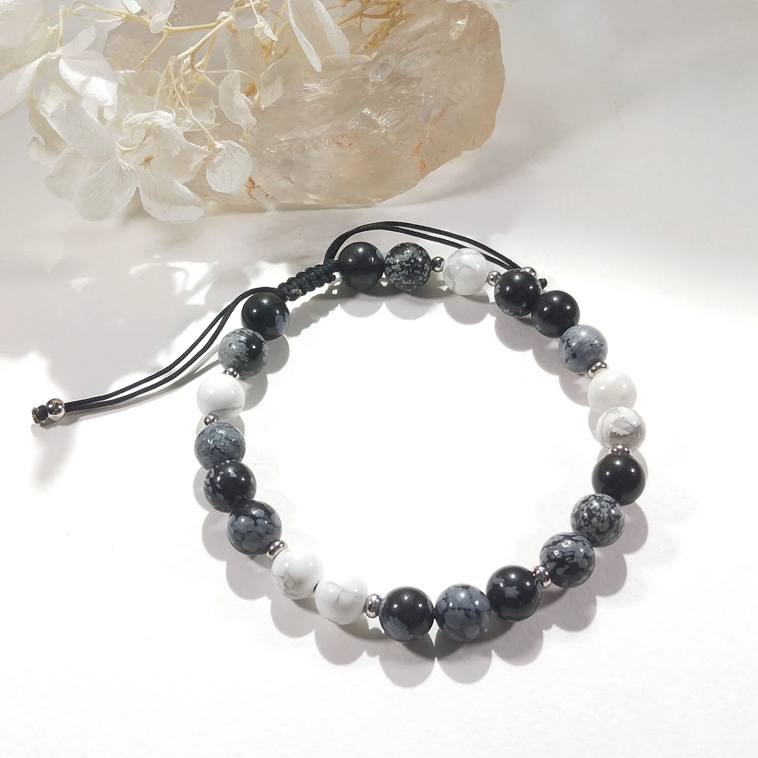 Lii Ji Natural Snowflake Obsidian Howlite 8mm Adjustable Bracelet 22-31cm for Male Jewelry