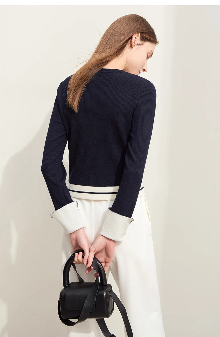Amii Minimalism 2026 Strickjacke für Damen Herbst Neu Pendler O-Ausschnitt Gespleißte Kurze Wollstreifen Schlanke Langarm-Oberteile 12443022 – Detail 20