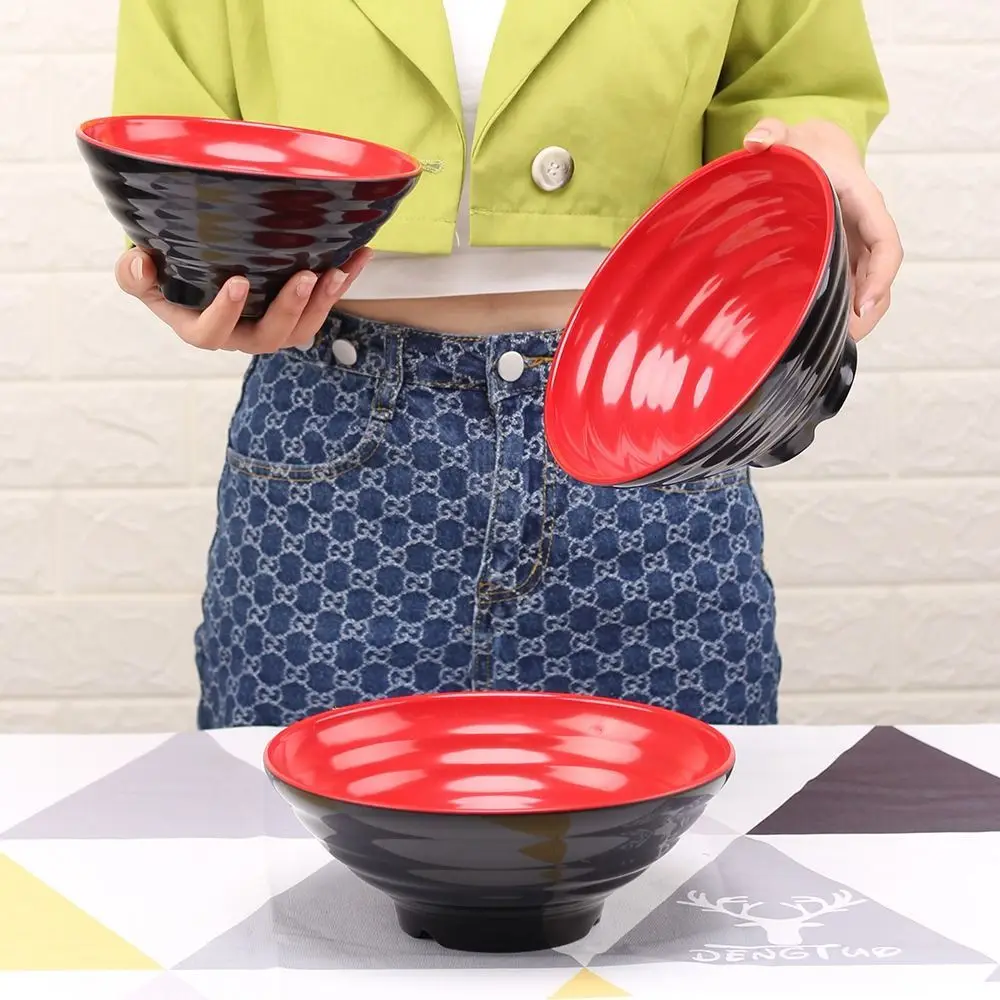 

Household Melamine Ramen Bowl Ring Striped Pattern Red and Black Fruit Salad Bowl Heat Safe Japanese Style Soup Bowl Restaurant
