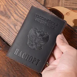 Funda de pasaporte de cuero genuino Natural Vintage para hombres, tarjetero ruso, billetera de Viaje Unisex