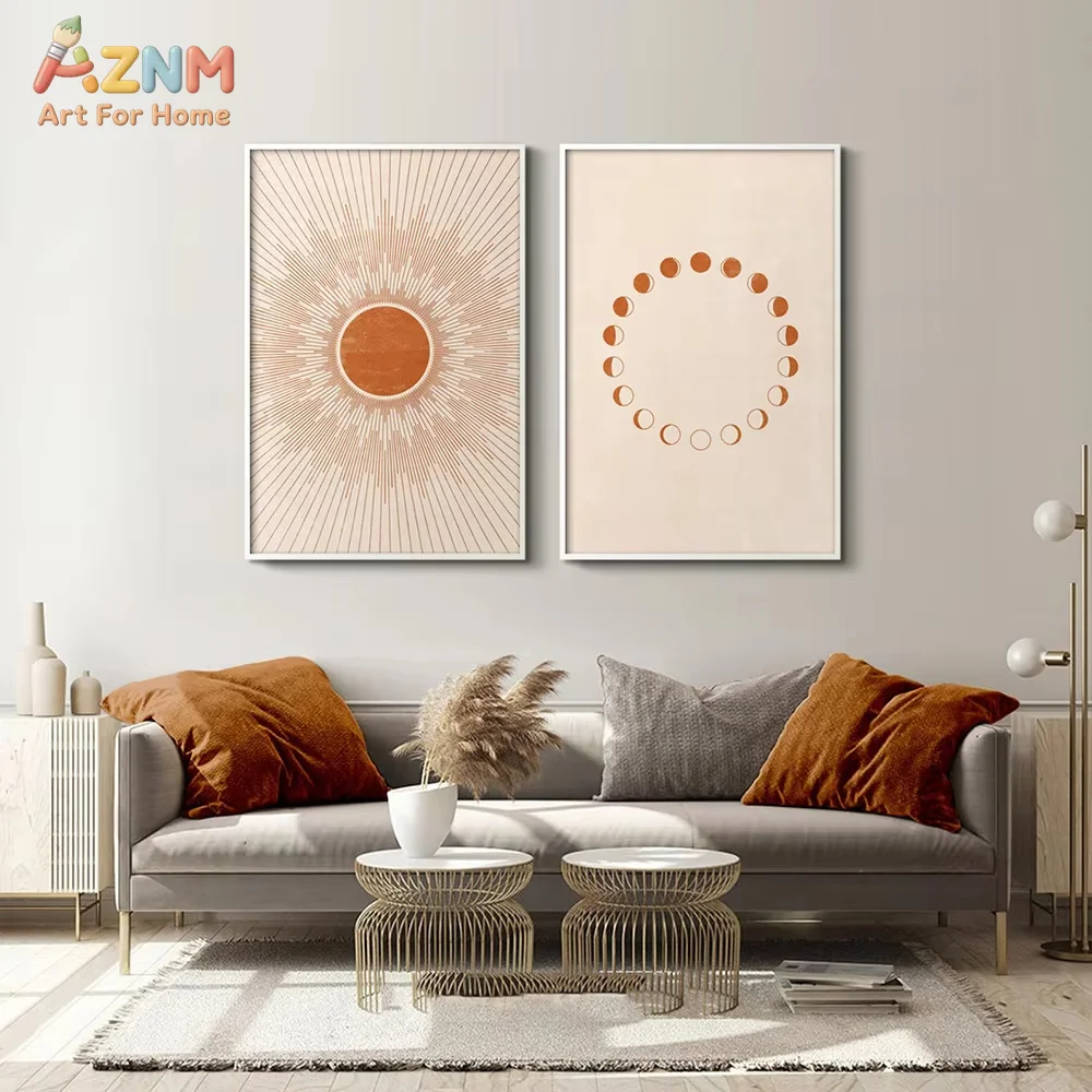 AZNM Mid Century Boho Sun Moon Phase Canvas Wall Art Terracotta Minimalist Geometric Neutral Aesthetic Modern Living Room Unfram