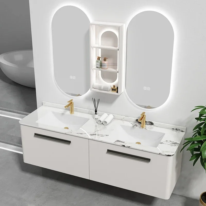 Marble 72 Inch Double Sink Floating Vanity White Glossy Modern Bathroom Cabinet With Mirror