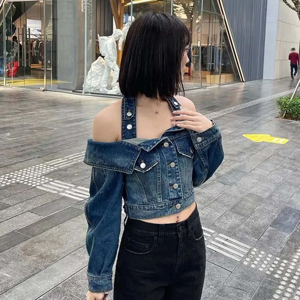 2024 Early Spring Temperament Denim Jacket Sexy Hot Girl Halter Shirts Tops Streetwear Long Sleeve Slim Jean Blouses Female Coat