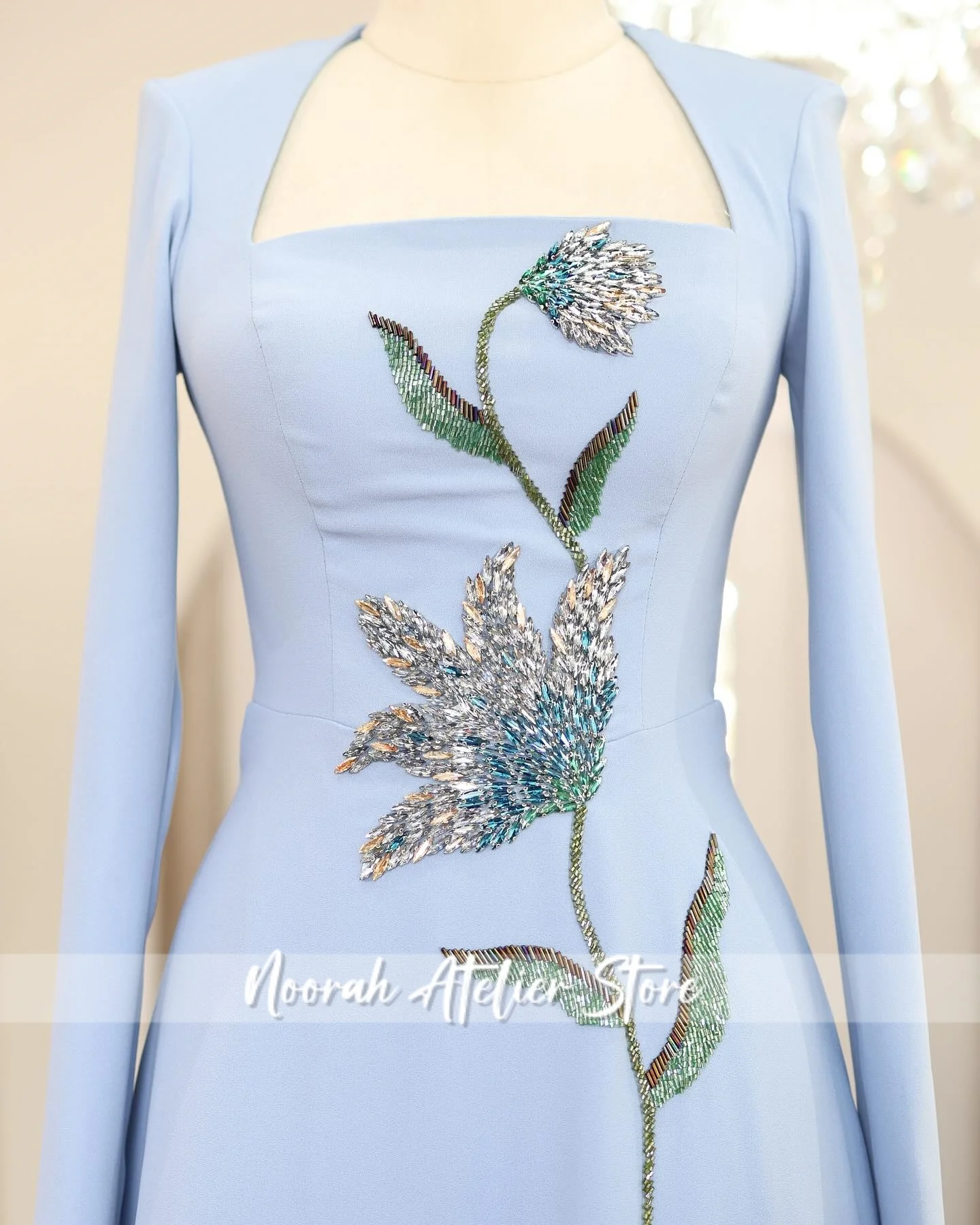 Neue Sky Blue Quadrat Kragen Luxuriöse Hohe Qualität Frauen Abendkleid 2025, Applikationen Hochzeit Party Langes Kleid Vestidos Angepasst