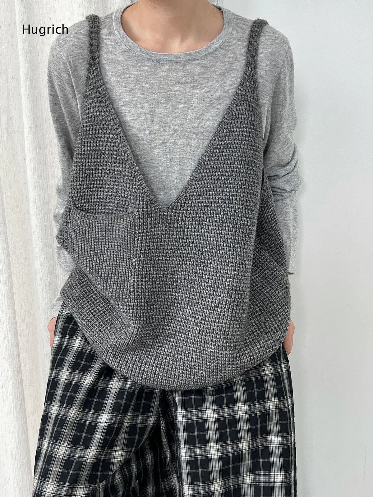 Ladies Solid Color Thick Knit Camisole Vest Soft Waffle Fabric Sling Top Loose Long Fit All-Match Layering Waistcoat