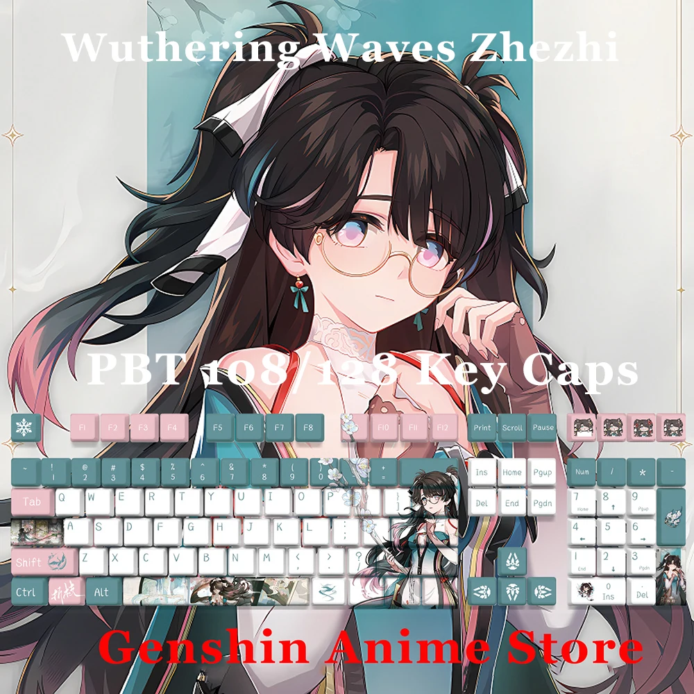 Wuthering Waves Zhezhi PBT 108/128 Key Caps Cosplay Props Axis Side Engraved Mechanicale Keycaps Gaming Tabletop Supplies