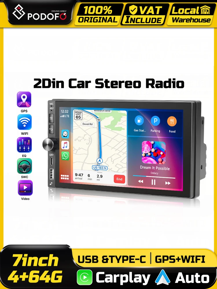 Podofo 4+64G Autoradio Multimedia Drahtloses Android Carplay Auto 7'' Touchscreen Intelligentes Autosystem GPS Mirror Link WIFI BT EQ FM RDS Stereo